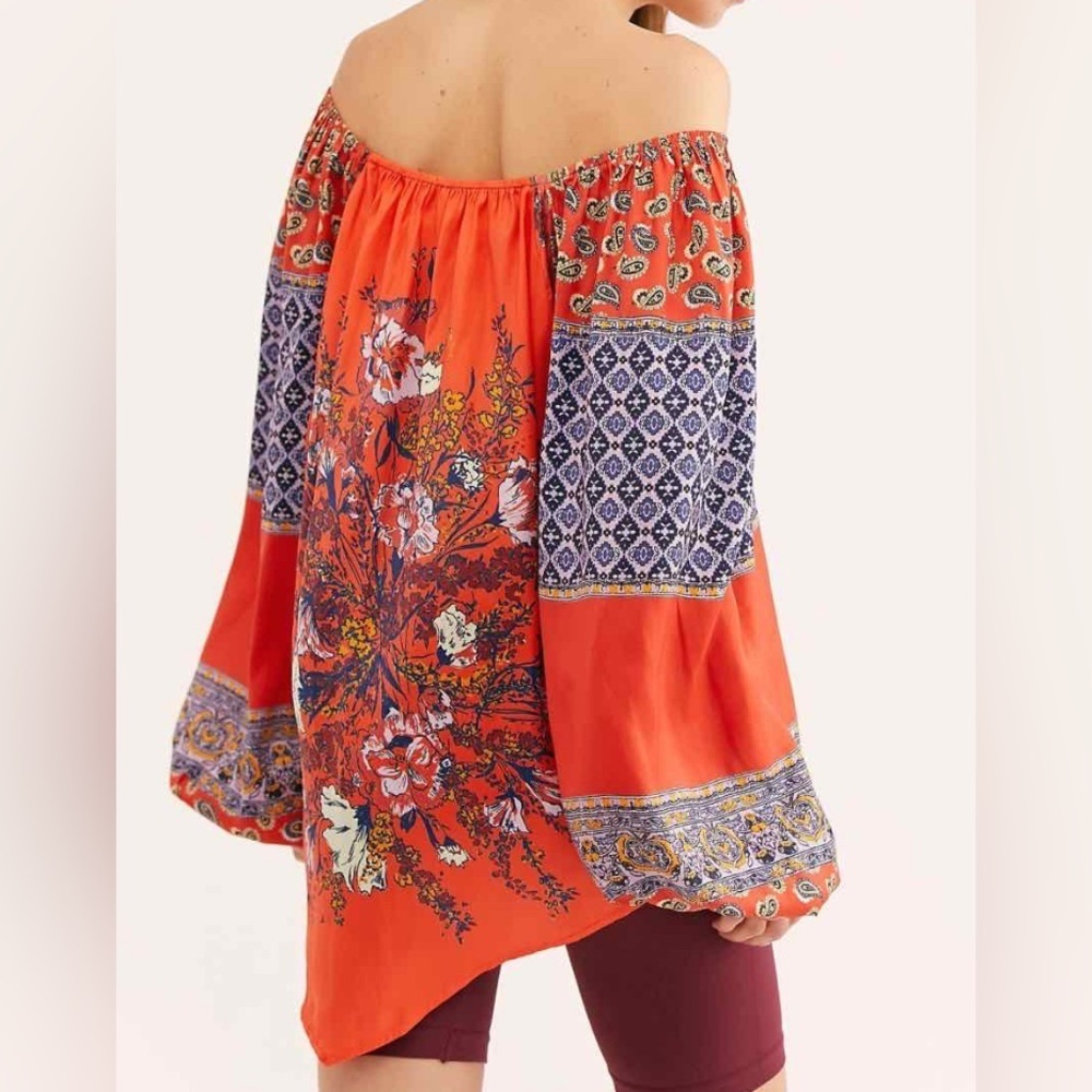 FREE PEOPLE Positano Printed Blouse in Red Orange Floral Sz Large - Picture 2 of 12